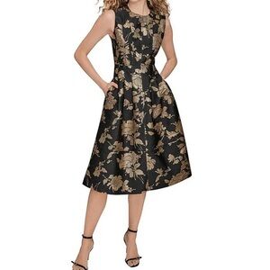 Donna Karan Black and Metallic Gold Floral Midi Dress
